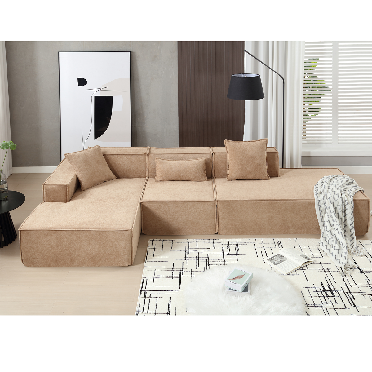 Light Brown 3-Piece Modular Sectional Sofa – 129.5 in