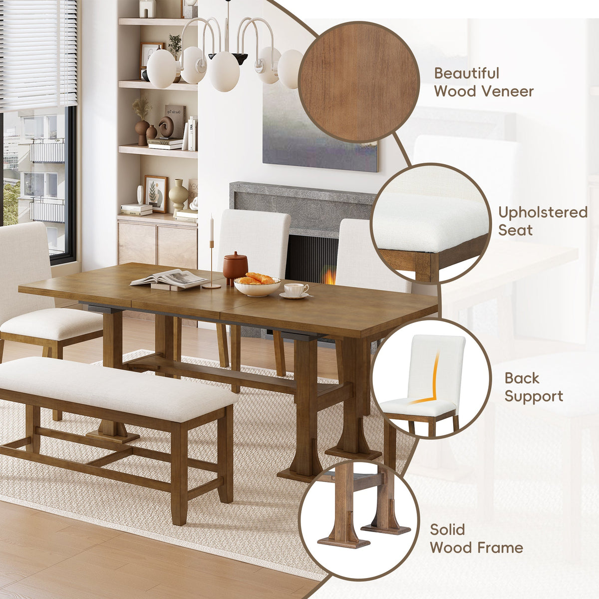 Farmhouse 76inch 6-Piece Extendable Dining Table Set Trestle Kitchen Table Set