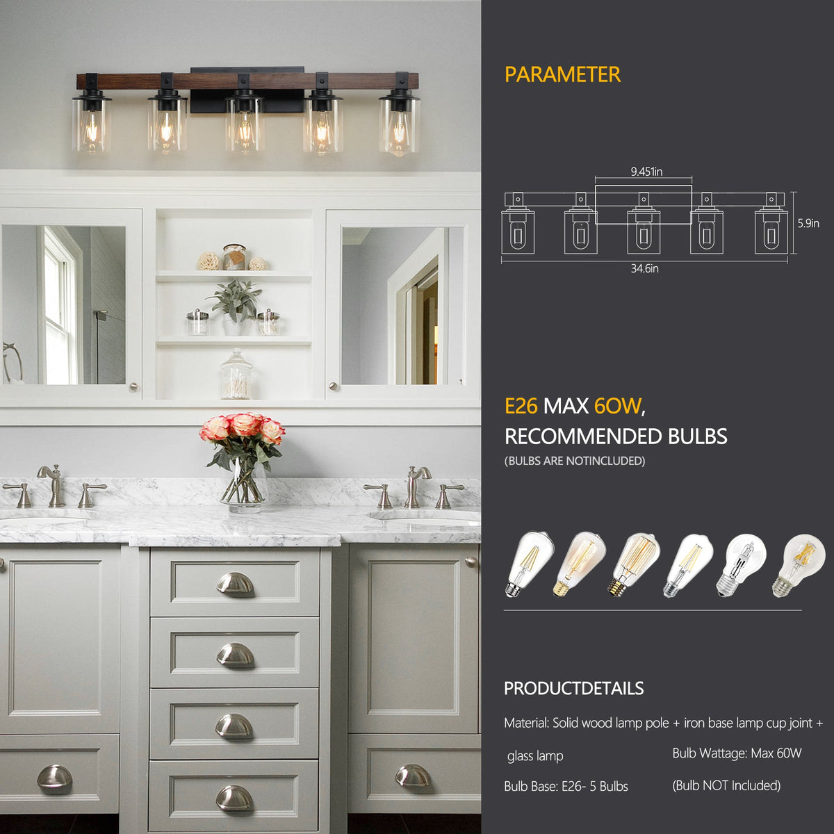 5-Lights Farmhouse Vanity Lights Fixture Rustic Bathroom Light Fixture