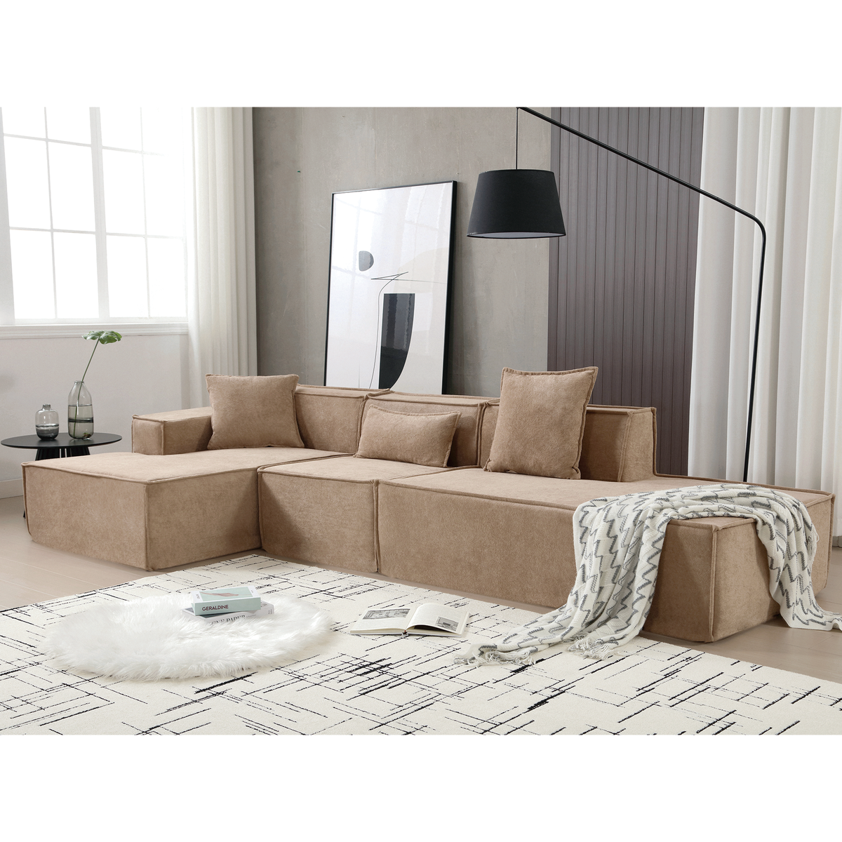Light Brown 3-Piece Modular Sectional Sofa – 129.5 in