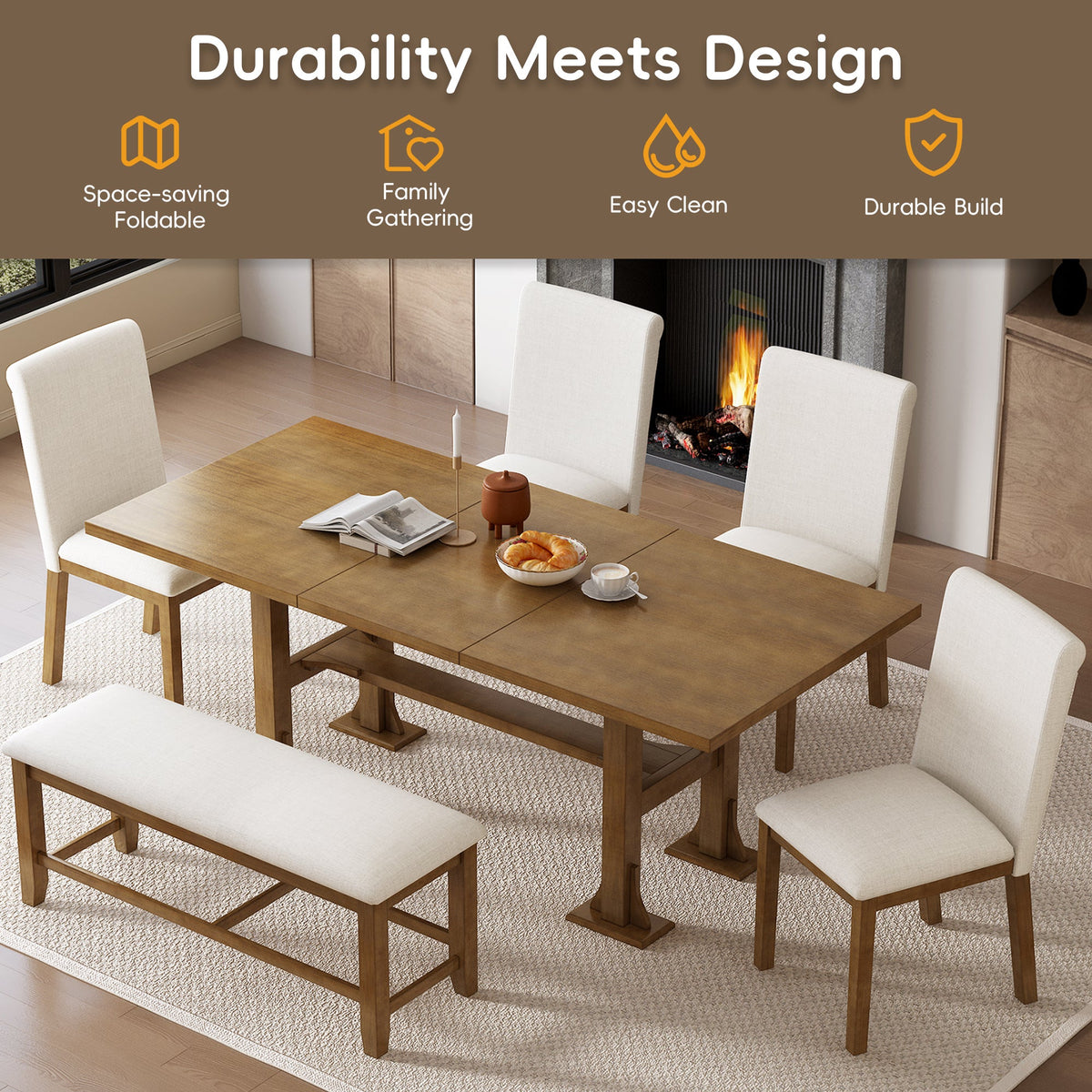 Farmhouse 76inch 6-Piece Extendable Dining Table Set Trestle Kitchen Table Set