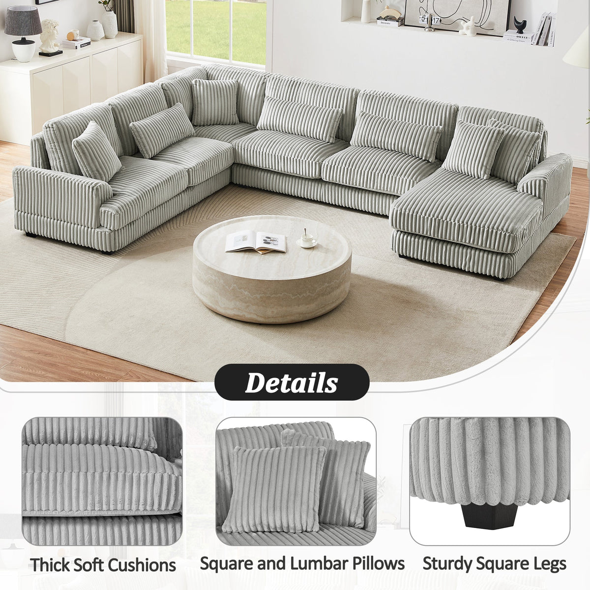 Gray Corduroy 129-Inch U-Shaped 5-Seat Sectional Sofa