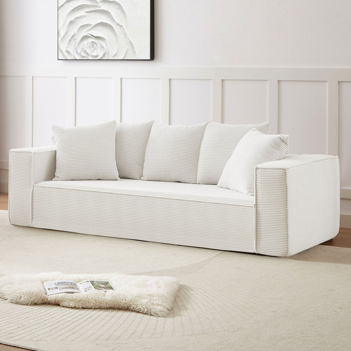 88.97inch Corduroy Sofa With 5 Matching Toss Pillows, Sleek Design