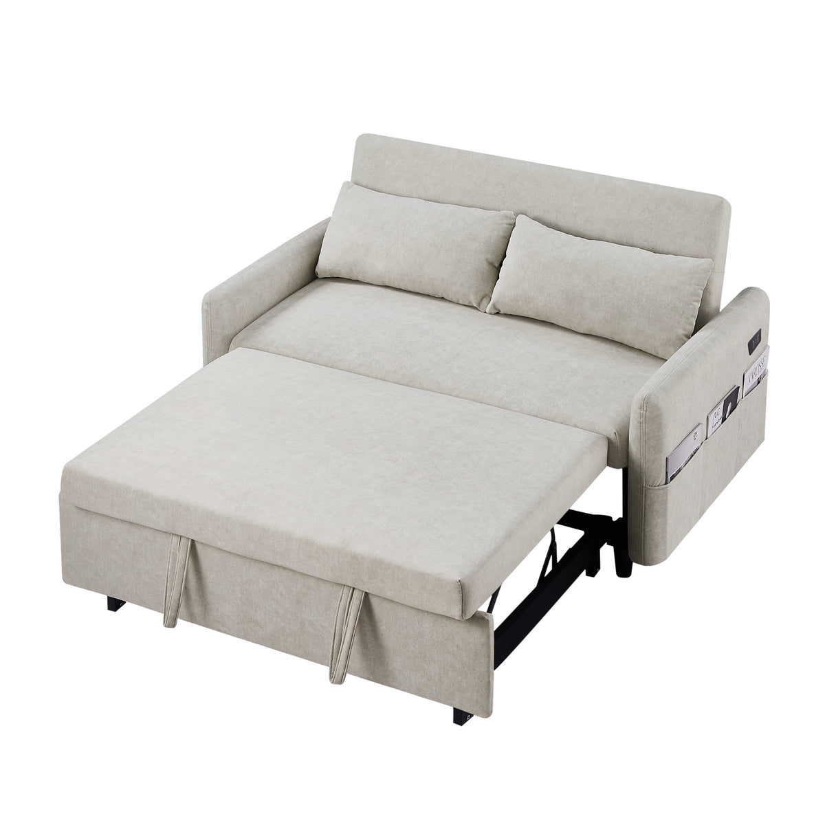 Beige 55.1-Inch Pull-Out Sleeper Loveseat with USB Charging