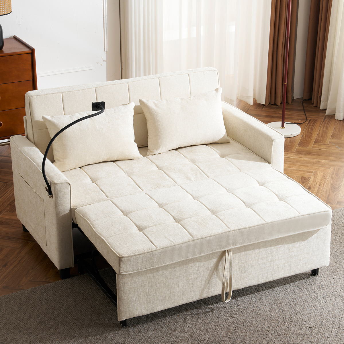 Beige Chenille Convertible Loveseat Sofa Bed with USB Ports