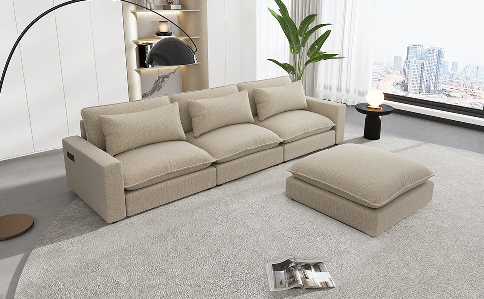 Beige Chenille 4-Seat Sectional Sofa with Ottoman & USB – 128 in