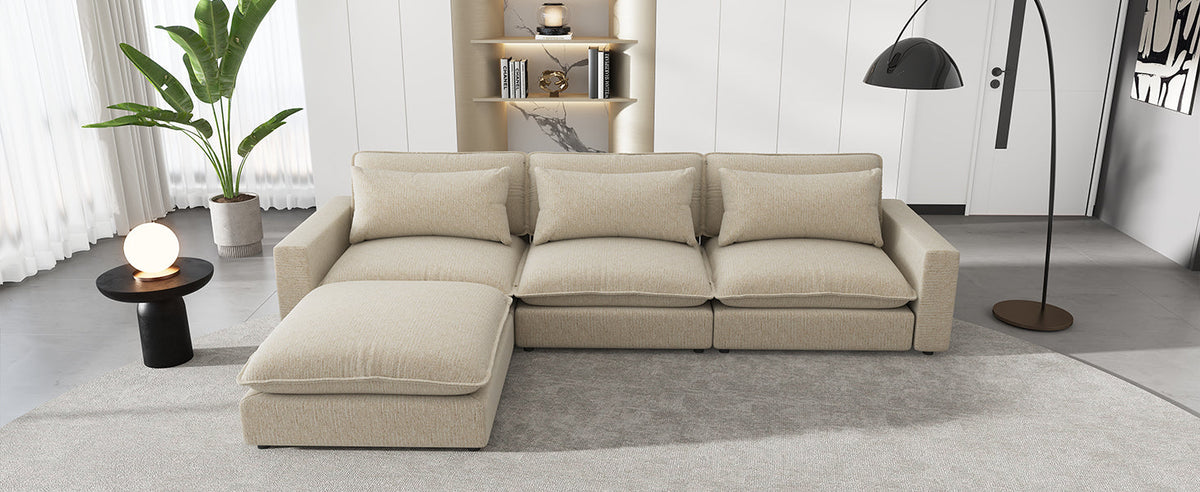 Beige Chenille 4-Seat Sectional Sofa with Ottoman & USB – 128 in