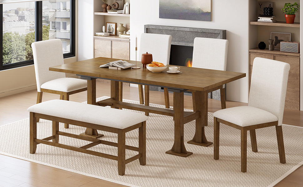 Farmhouse 76inch 6-Piece Extendable Dining Table Set Trestle Kitchen Table Set