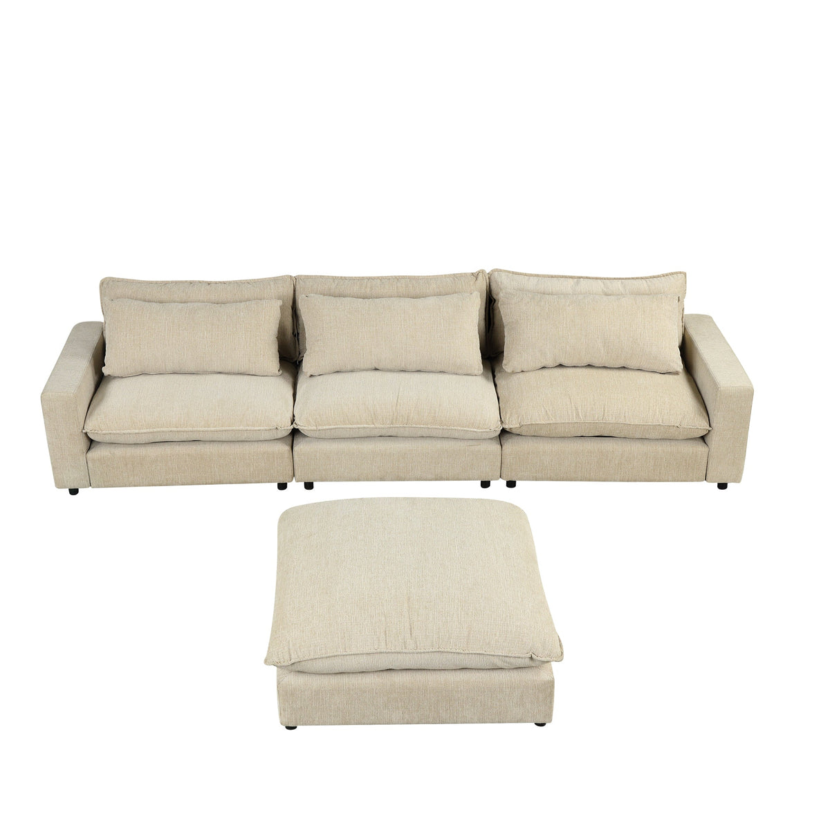Beige Chenille 4-Seat Sectional Sofa with Ottoman & USB – 128 in