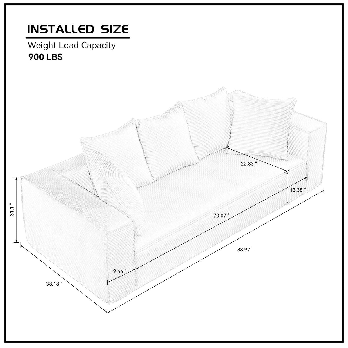 88.97inch Corduroy Sofa With 5 Matching Toss Pillows, Sleek Design