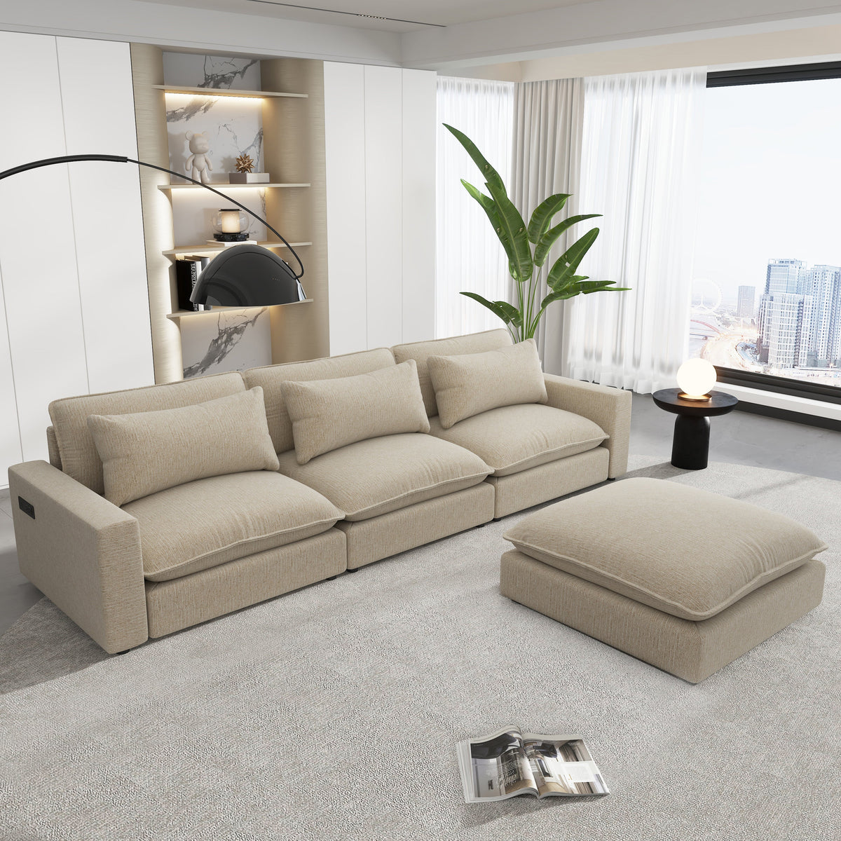 Beige Chenille 4-Seat Sectional Sofa with Ottoman & USB – 128 in