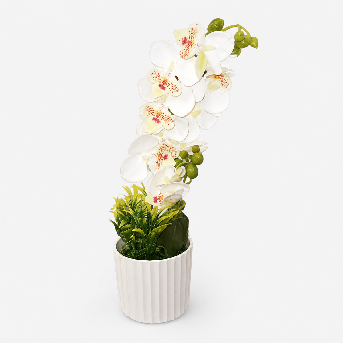 Artificial cascading white orchid arrangement with green buds and foliage in a ribbed white planter
