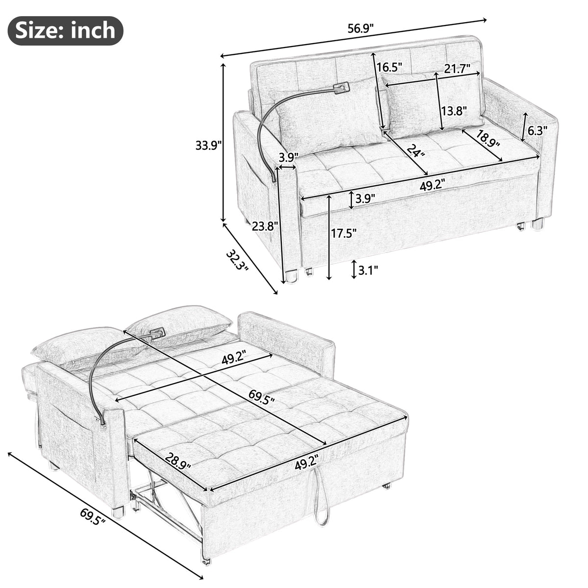 Beige Chenille Convertible Loveseat Sofa Bed with USB Ports