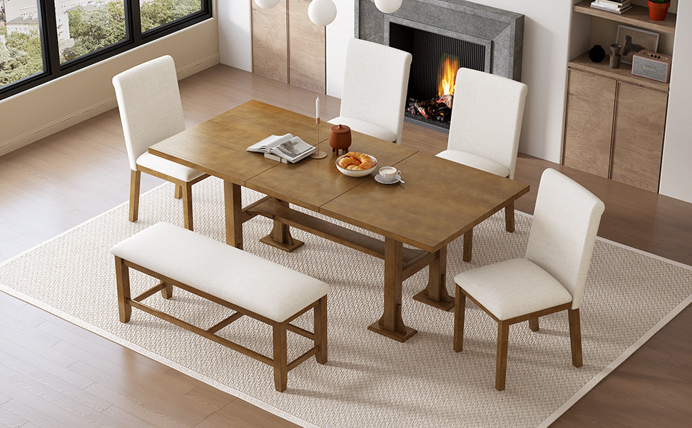 Farmhouse 76inch 6-Piece Extendable Dining Table Set Trestle Kitchen Table Set