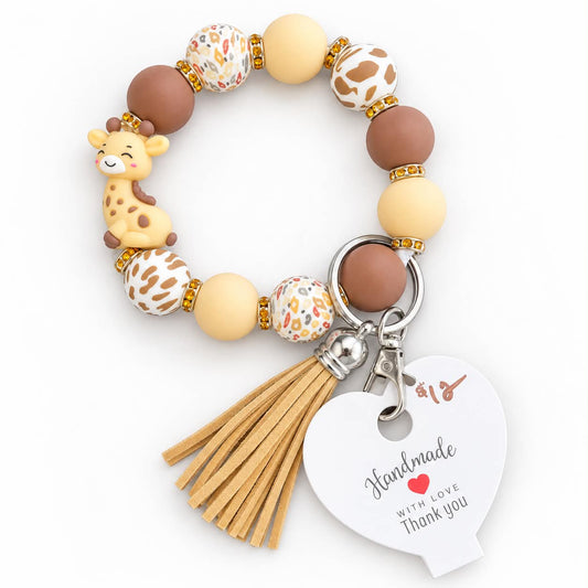 Giraffe beaded wristlet keychain bracelet with tan tassel