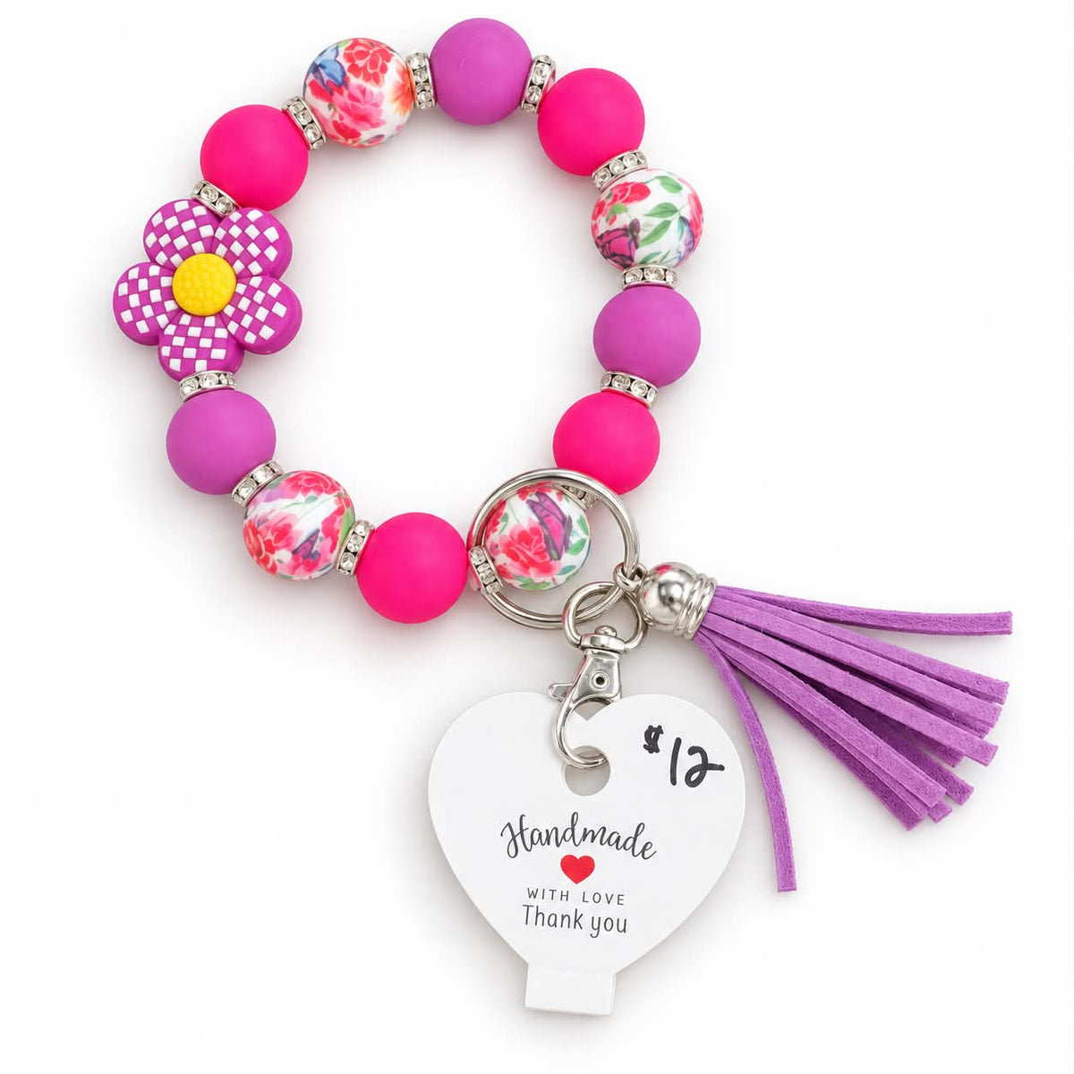 Hot pink flower beaded wristlet keychain bracelet with purple tassel
