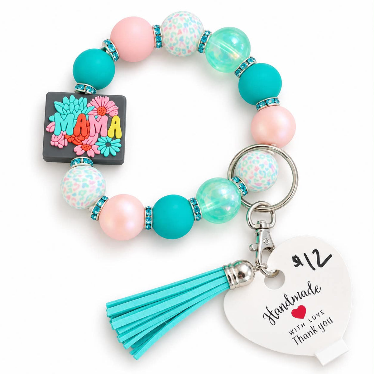 MAMA floral beaded wristlet keychain bracelet in teal and pink