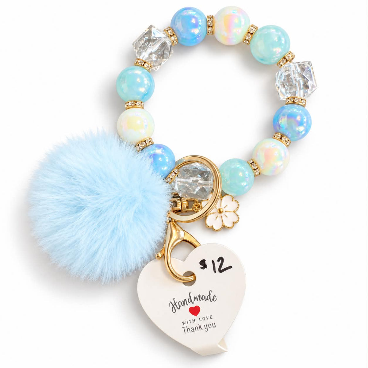 Light blue pearl beaded wristlet keychain bracelet with fluffy pom pom