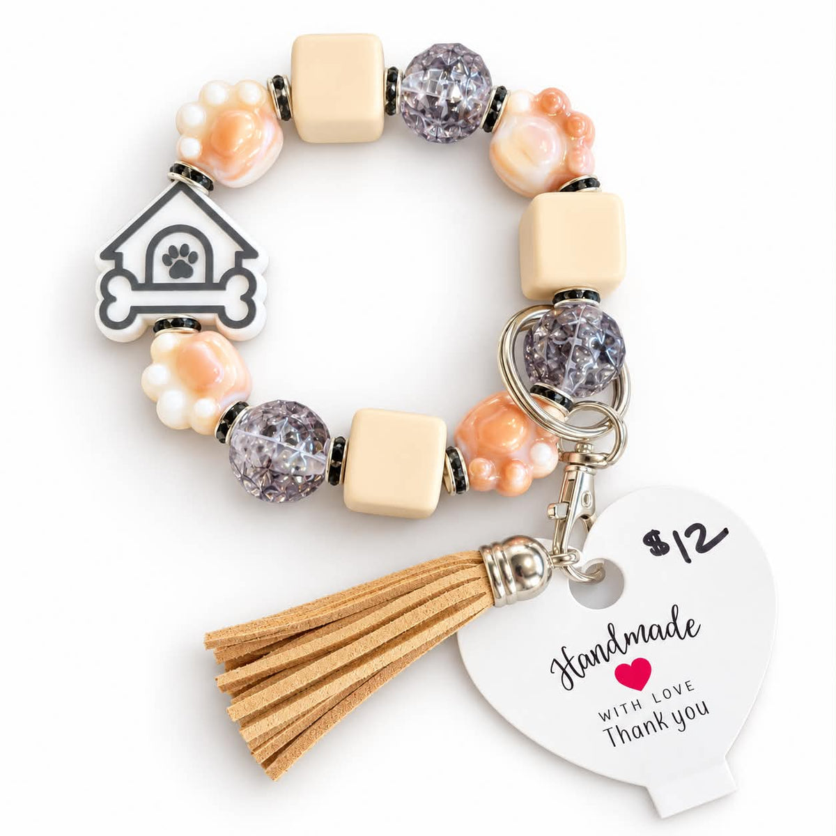 Dog house and paw print beaded wristlet keychain bracelet with tan tassel