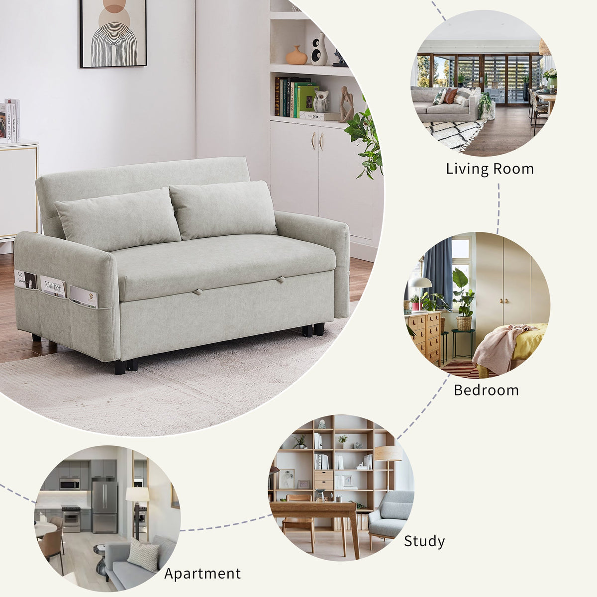 Beige 55.1-Inch Pull-Out Sleeper Loveseat with USB Charging