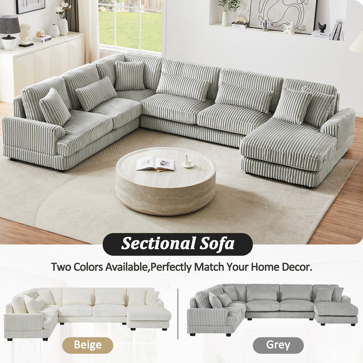 Gray Corduroy 129-Inch U-Shaped 5-Seat Sectional Sofa