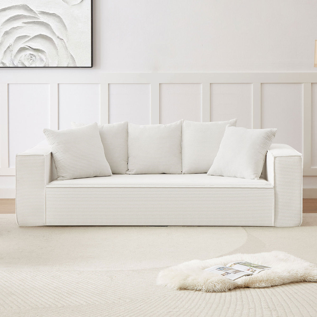 88.97inch Corduroy Sofa With 5 Matching Toss Pillows, Sleek Design