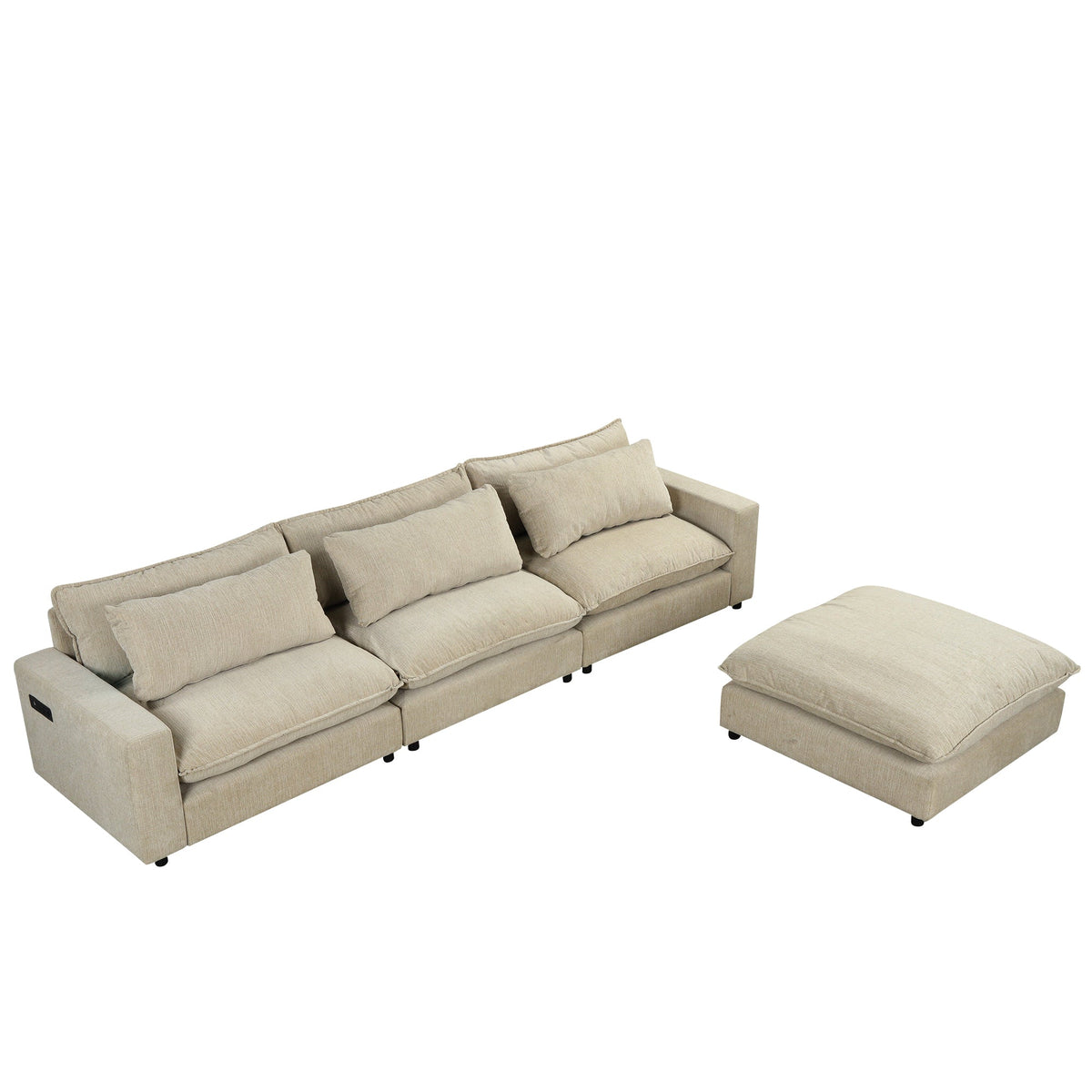 Beige Chenille 4-Seat Sectional Sofa with Ottoman & USB – 128 in
