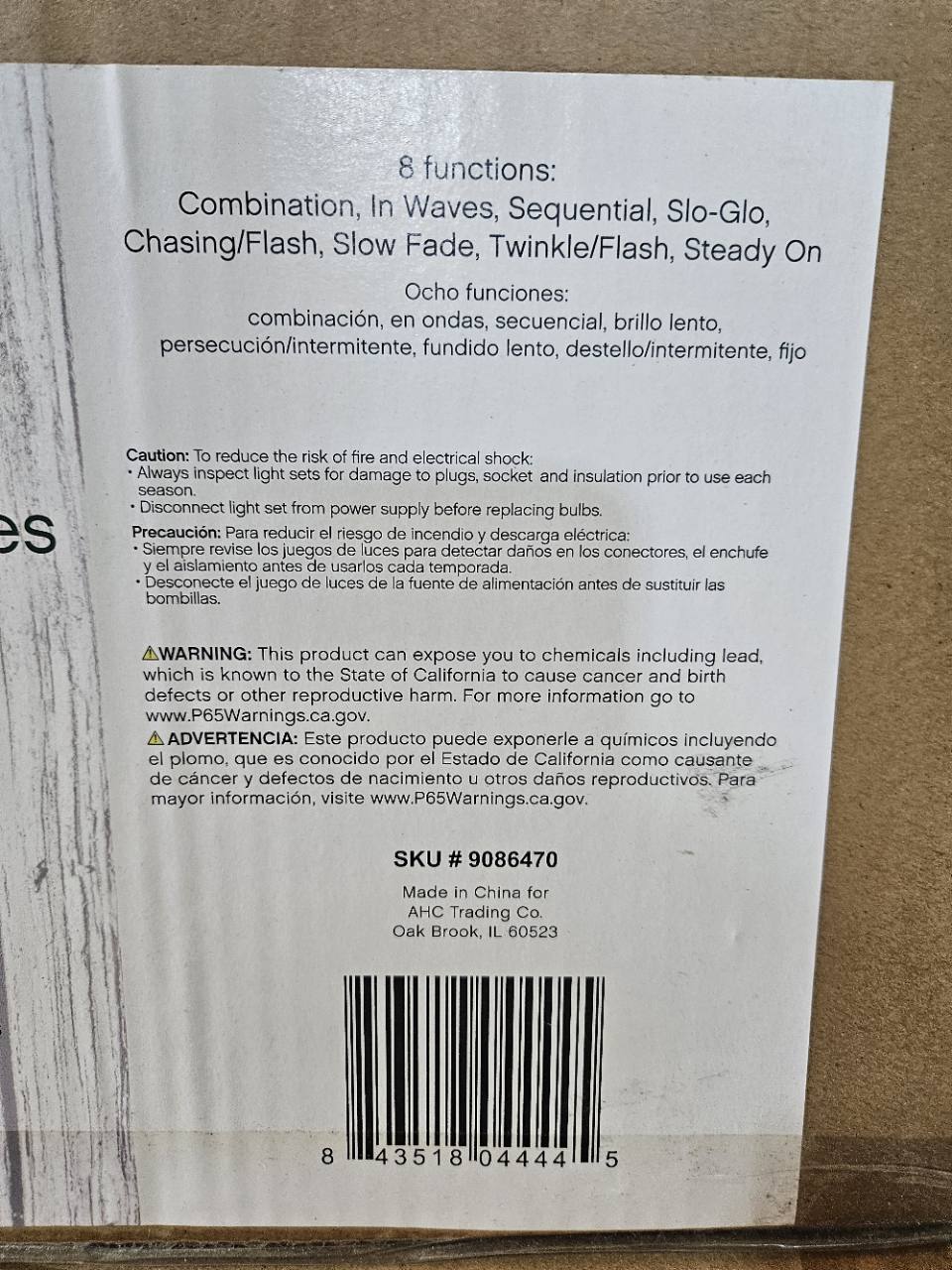 Box label showing eight lighting functions, UPC 843518044445, and California Proposition 65 lead warning