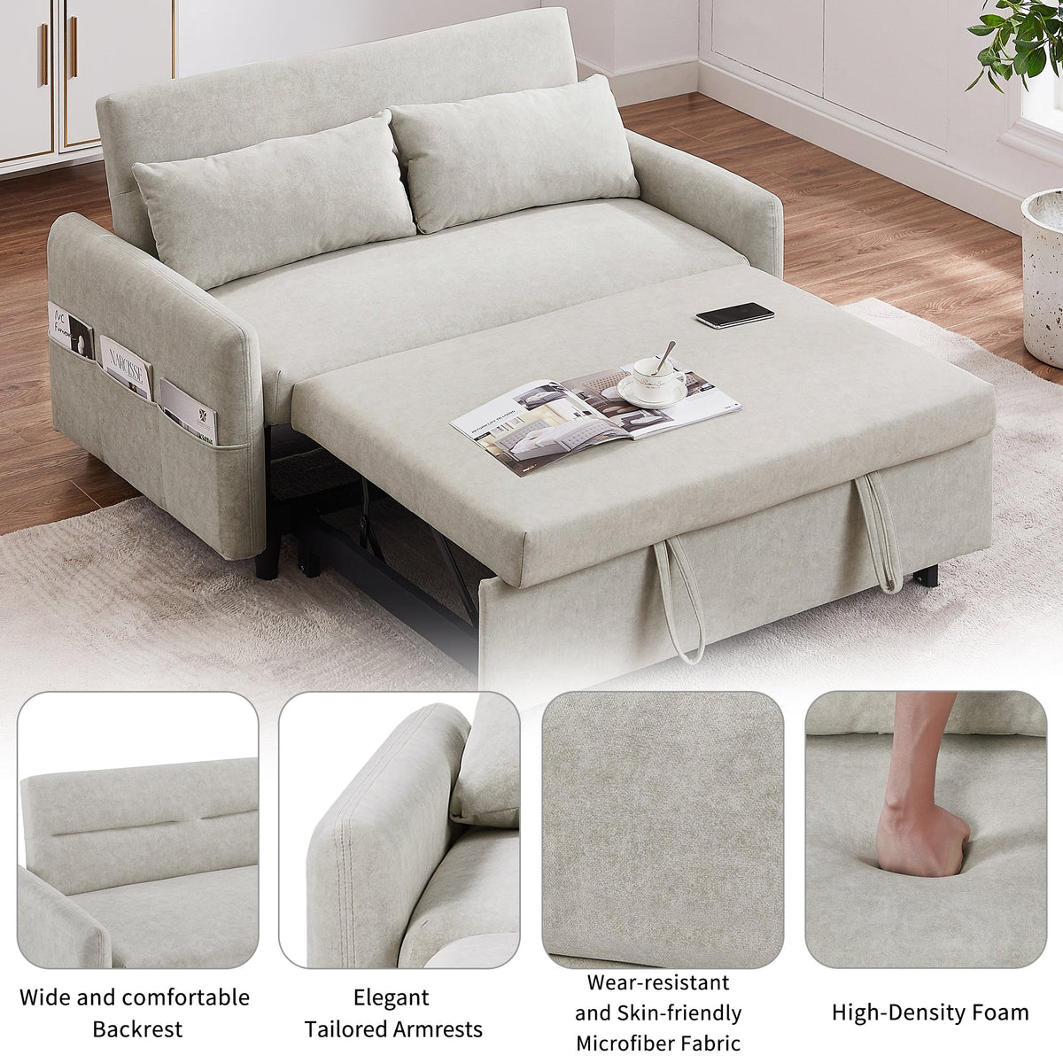 Beige 55.1-Inch Pull-Out Sleeper Loveseat with USB Charging