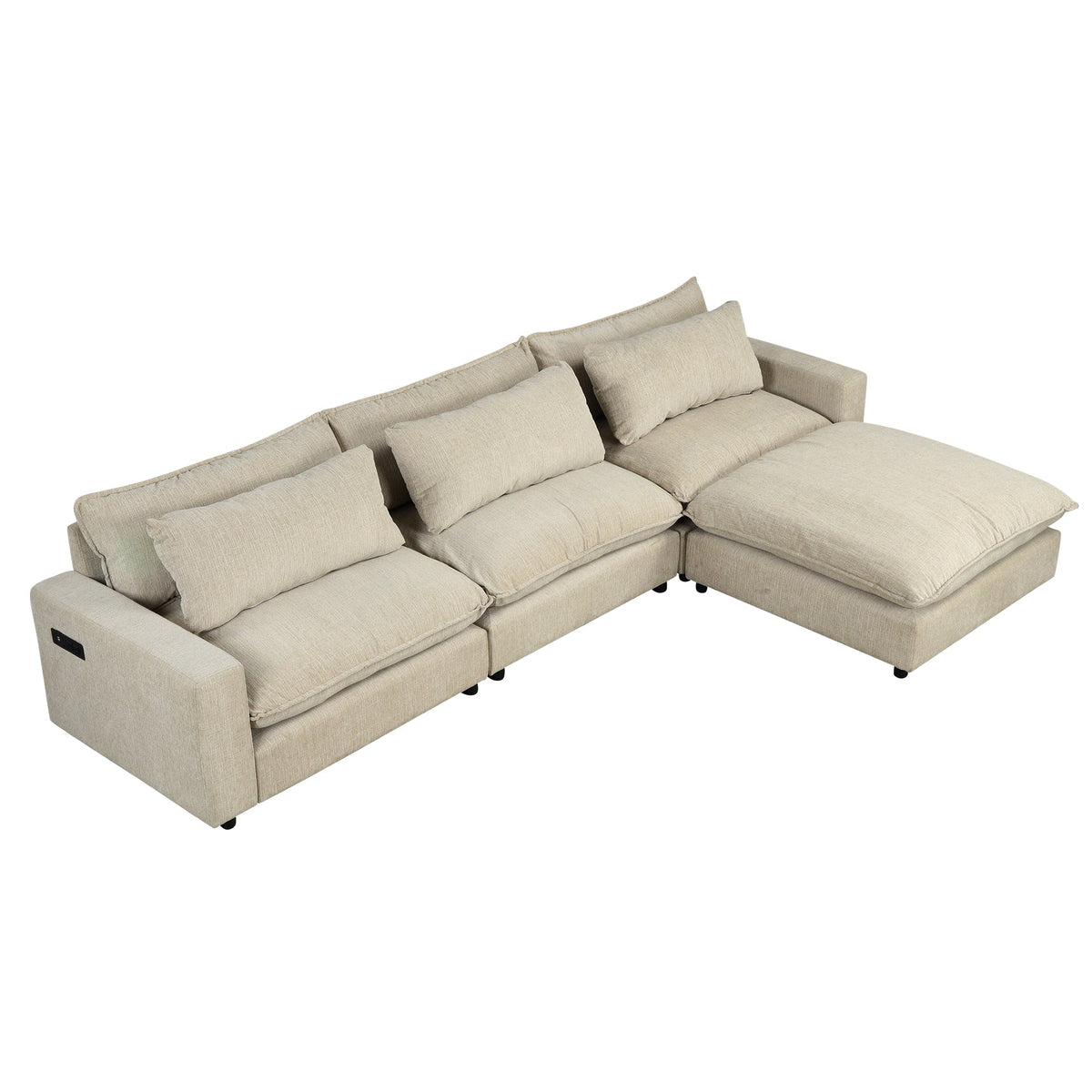 Beige Chenille 4-Seat Sectional Sofa with Ottoman & USB – 128 in