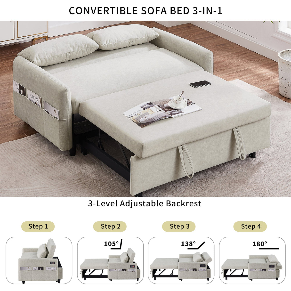 Beige 55.1-Inch Pull-Out Sleeper Loveseat with USB Charging