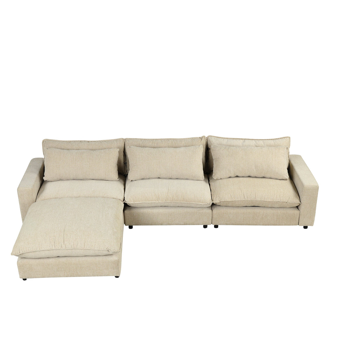 Beige Chenille 4-Seat Sectional Sofa with Ottoman & USB – 128 in
