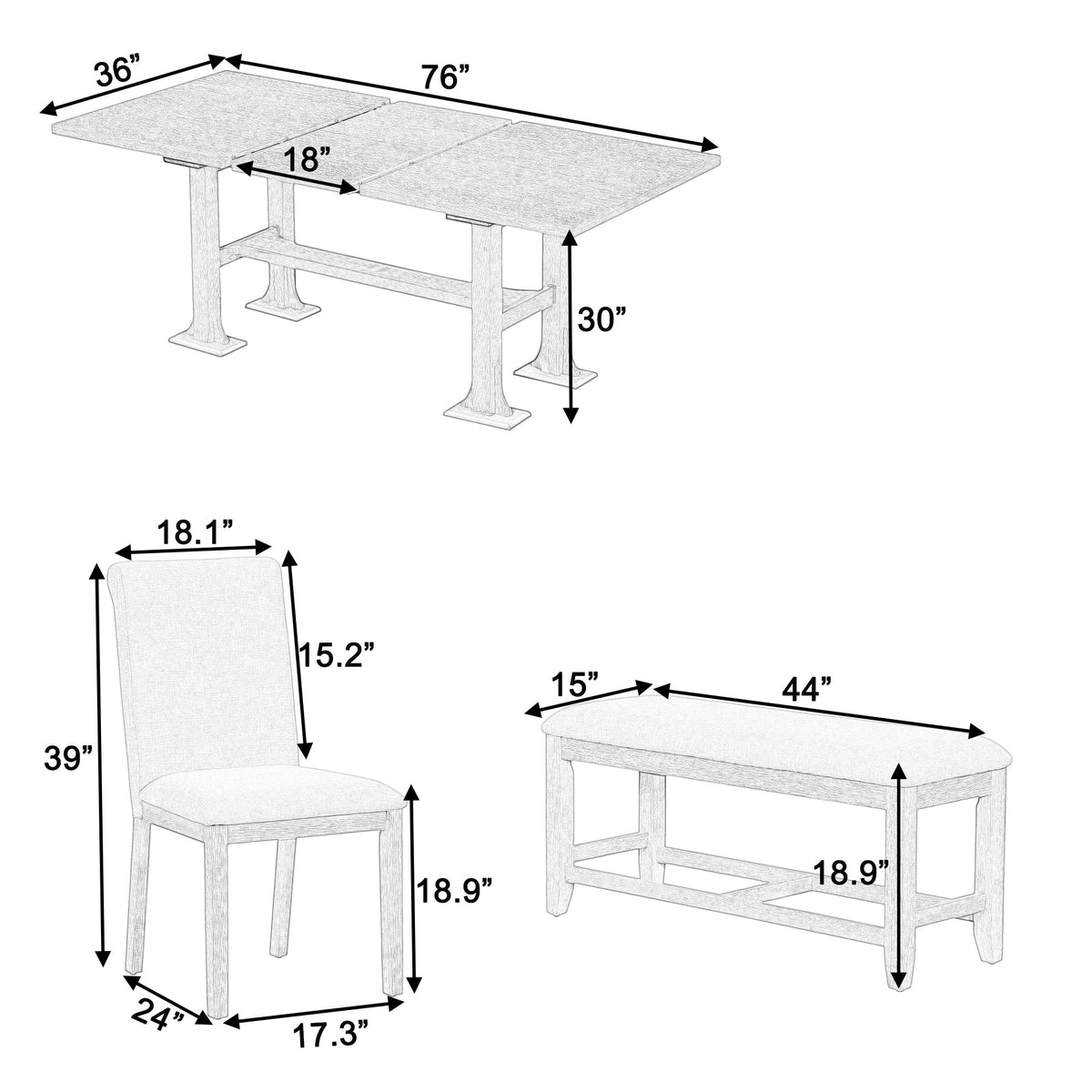 Farmhouse 76inch 6-Piece Extendable Dining Table Set Trestle Kitchen Table Set