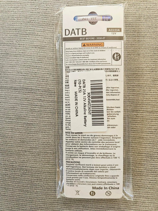 Back of the DATB A23 battery card showing safety warnings and product label