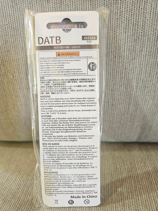 DATB A23 12V alkaline battery pack on the original card, best before July 2030