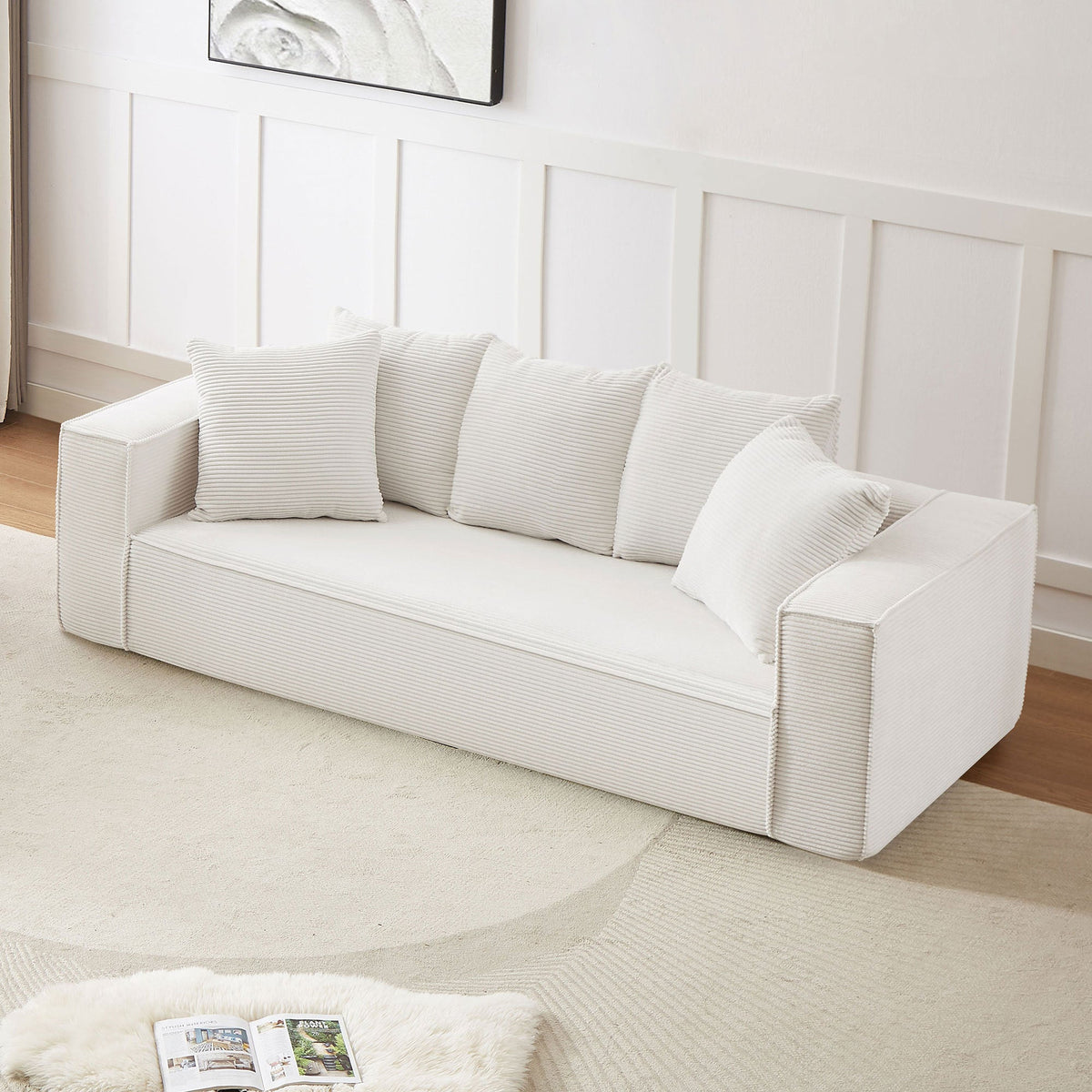 88.97inch Corduroy Sofa With 5 Matching Toss Pillows, Sleek Design