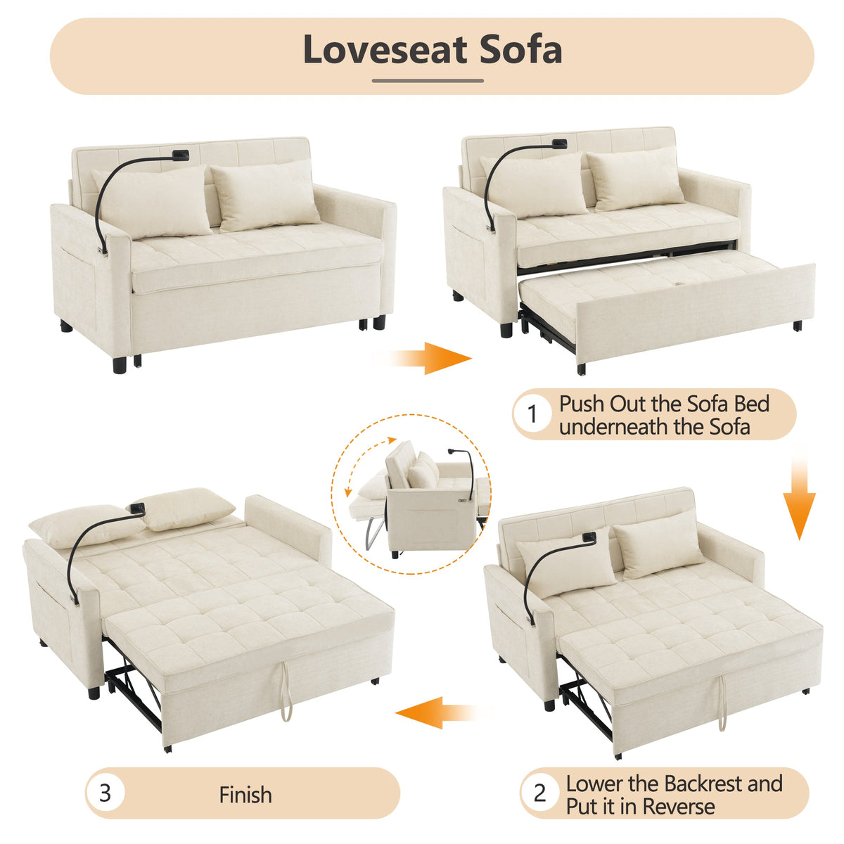 Beige Chenille Convertible Loveseat Sofa Bed with USB Ports