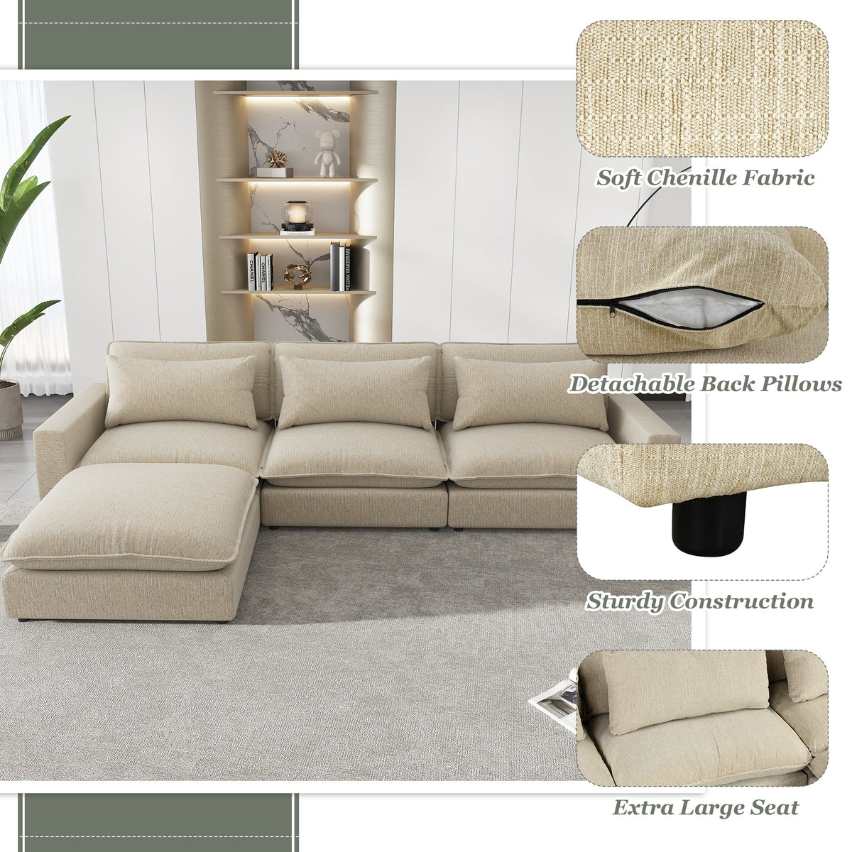 Beige Chenille 4-Seat Sectional Sofa with Ottoman & USB – 128 in