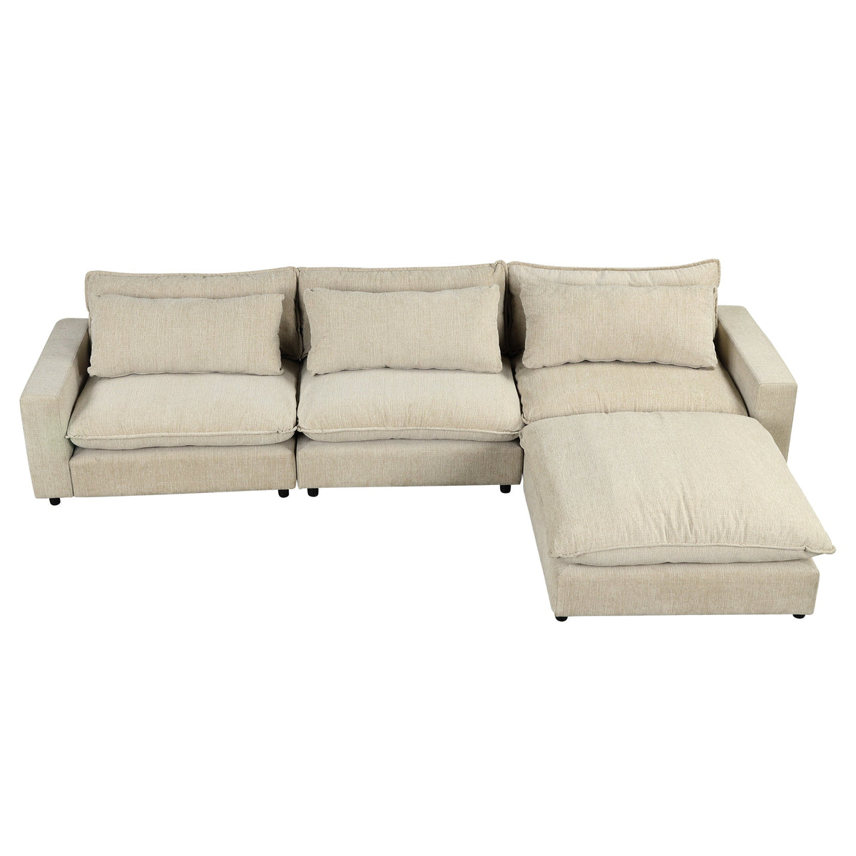 Beige Chenille 4-Seat Sectional Sofa with Ottoman & USB – 128 in