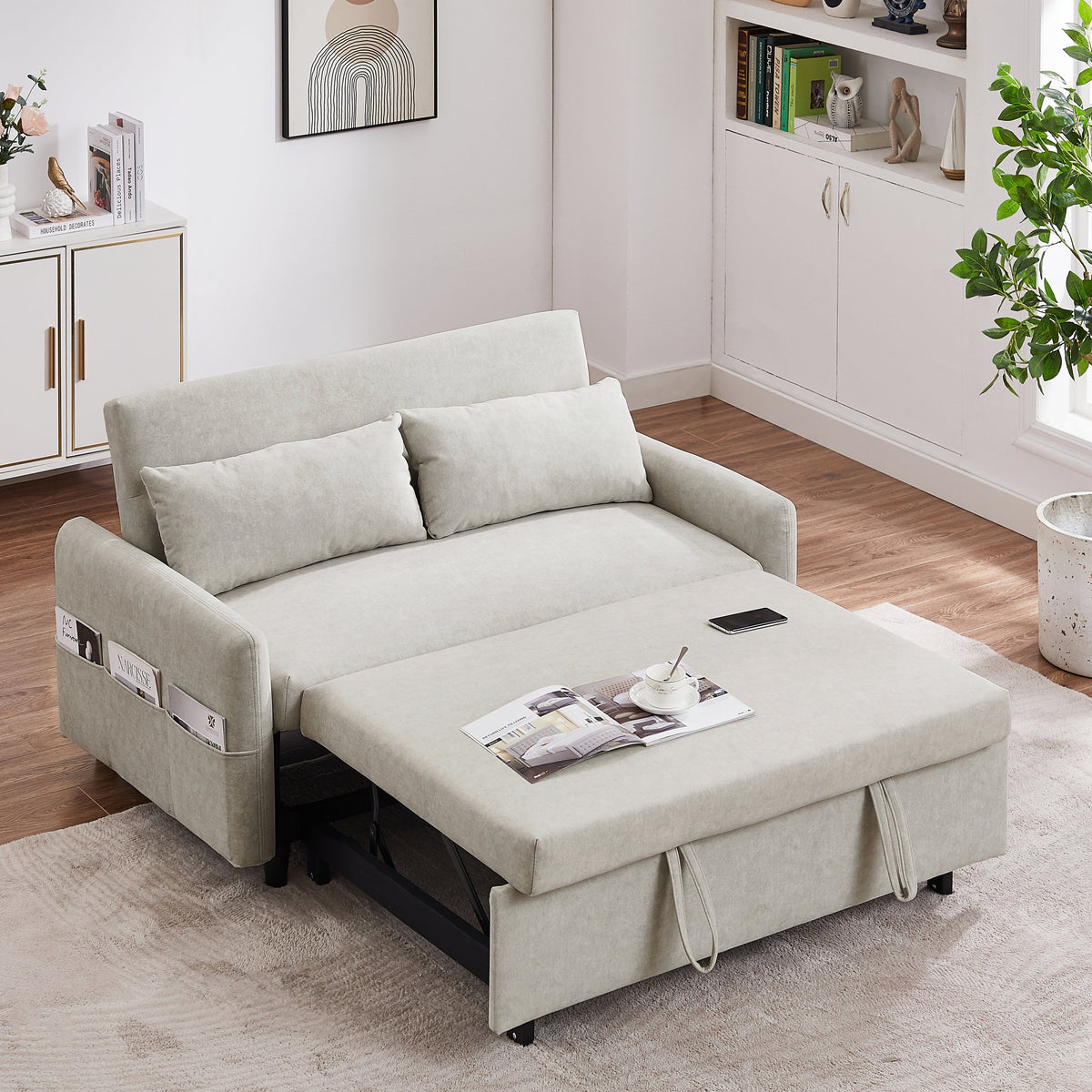 Beige 55.1-Inch Pull-Out Sleeper Loveseat with USB Charging