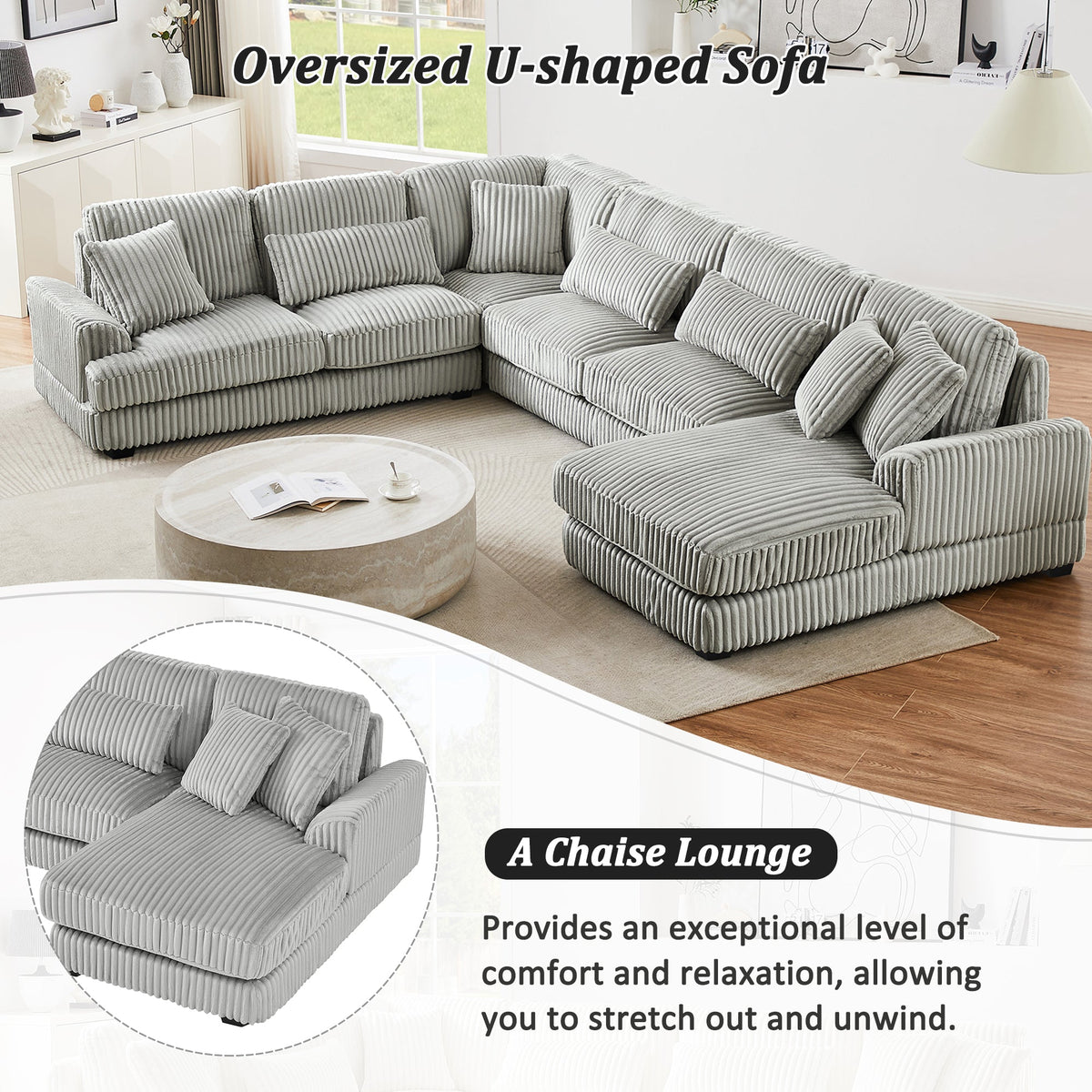 Gray Corduroy 129-Inch U-Shaped 5-Seat Sectional Sofa
