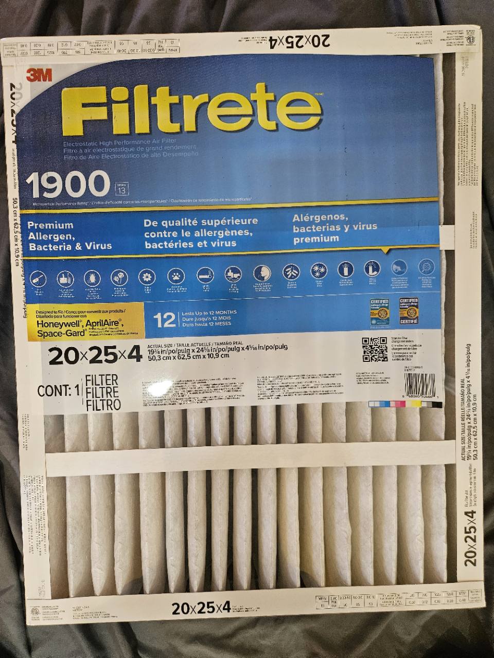 Actual new Filtrete MPR 1900 20x25x4 filter packaging view 1