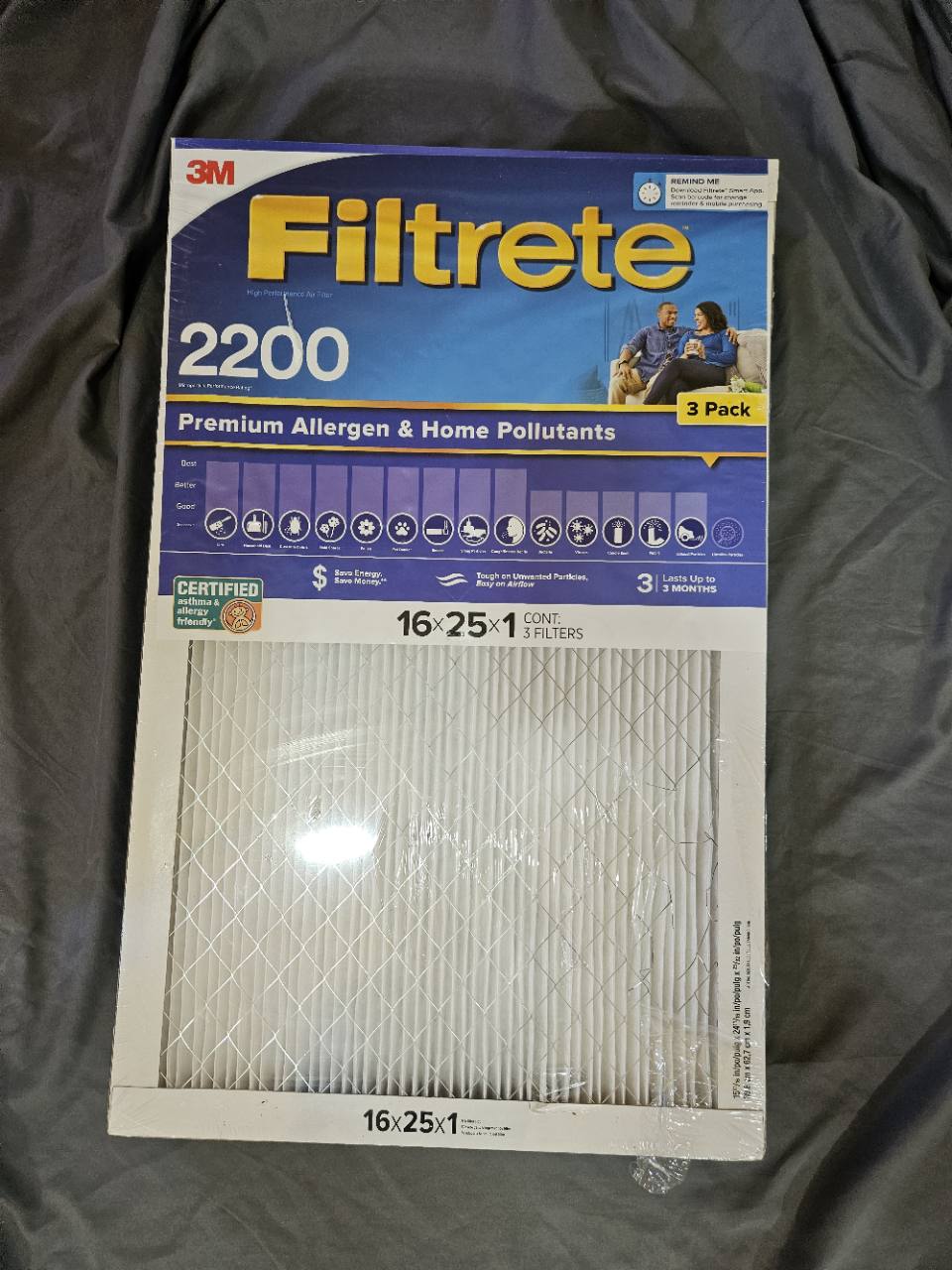 Actual Filtrete 2200 16x25x1 three-pack unused air filters