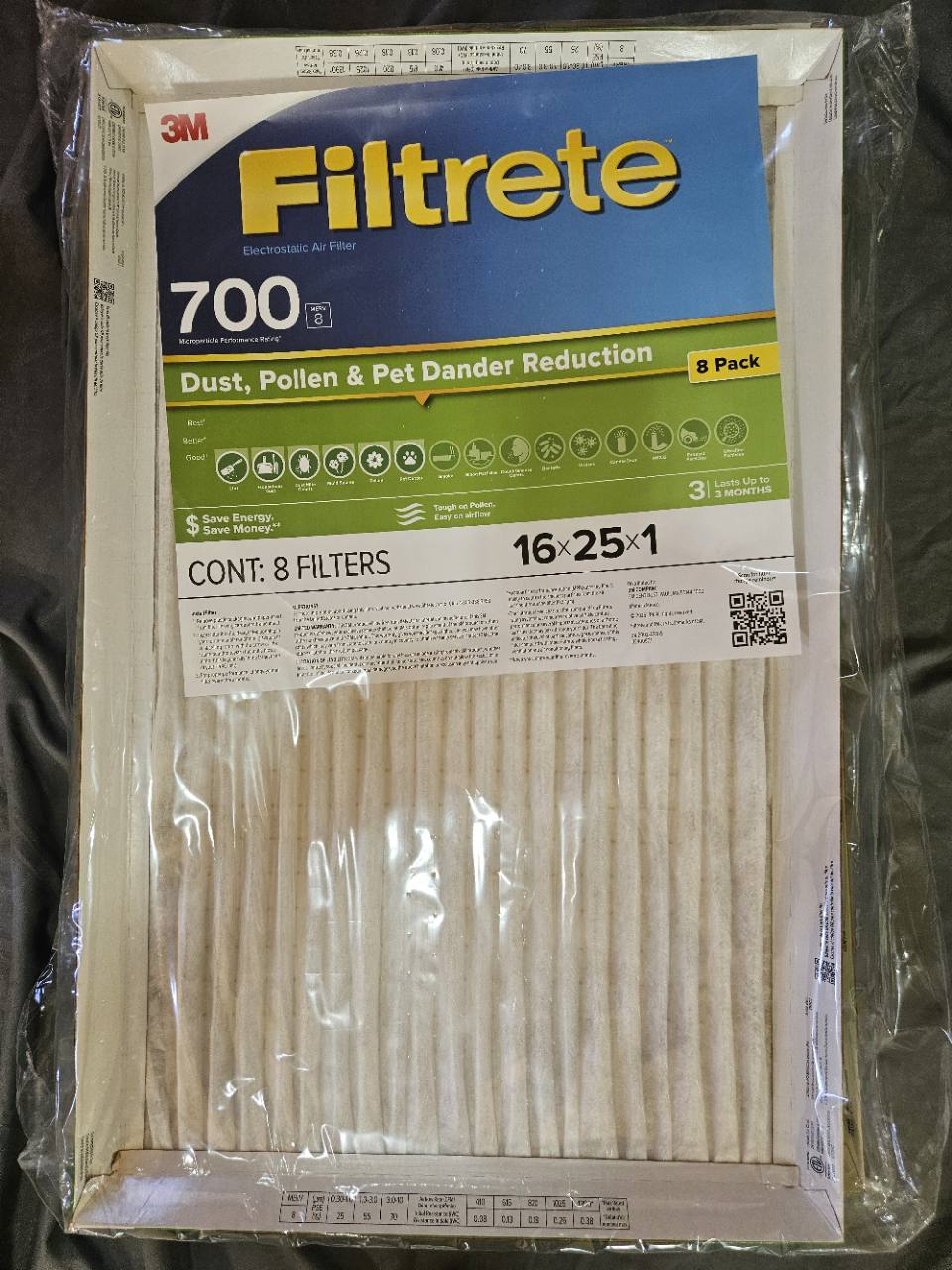 Actual new 3M Filtrete 700 MERV 8 16x25x1 eight-pack air filters
