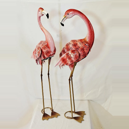Pair of pink metal flamingo garden statues