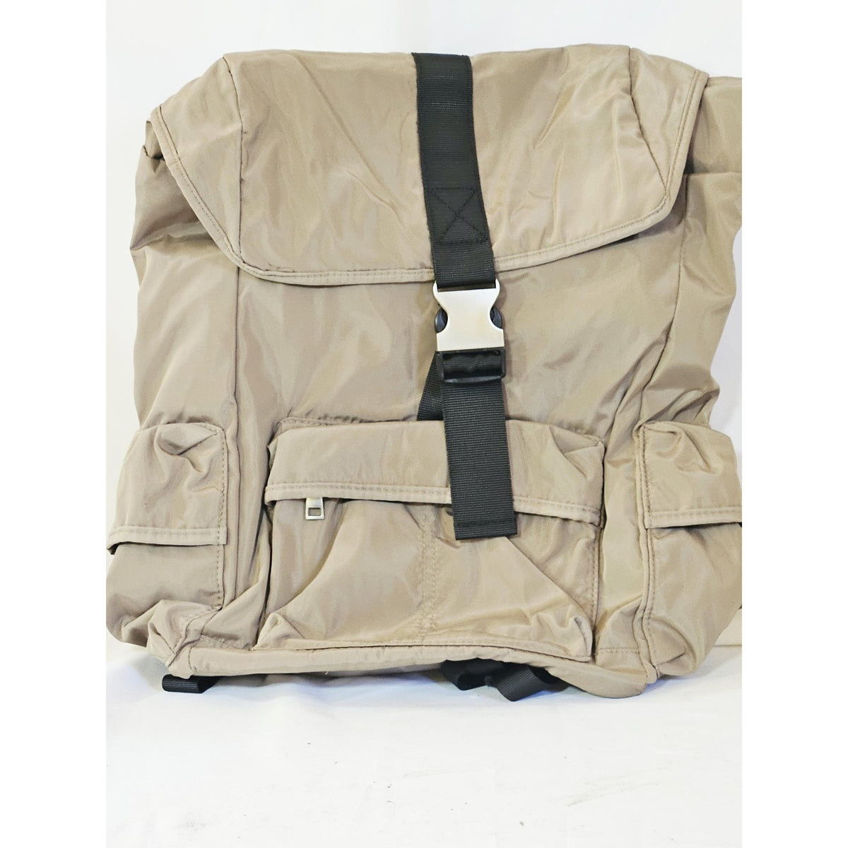 Brown nylon flap backpack front