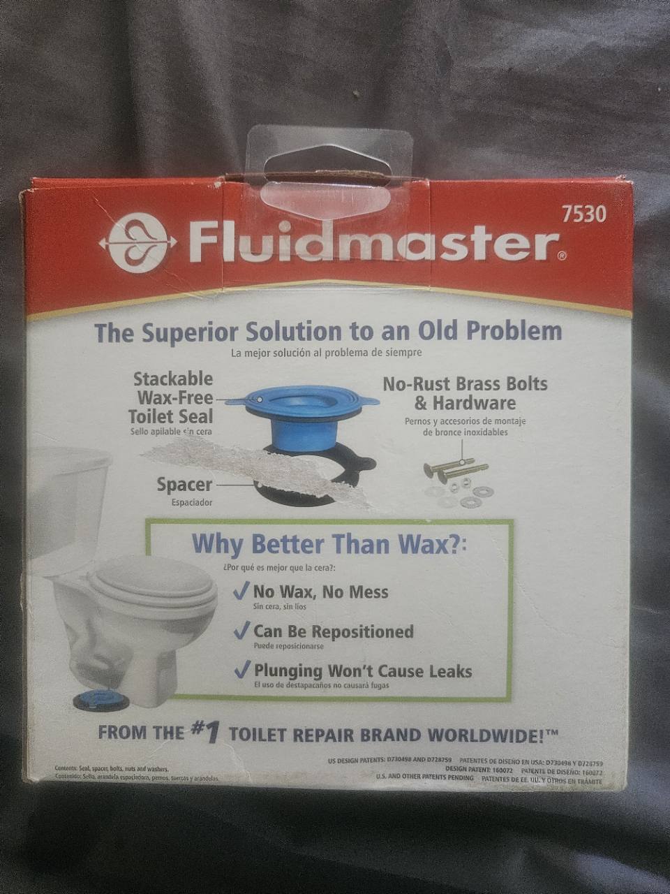 Actual Fluidmaster toilet seal package back and contents information