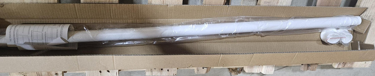 White FVONZN tension curtain rod in its open carton with end caps and packing list
