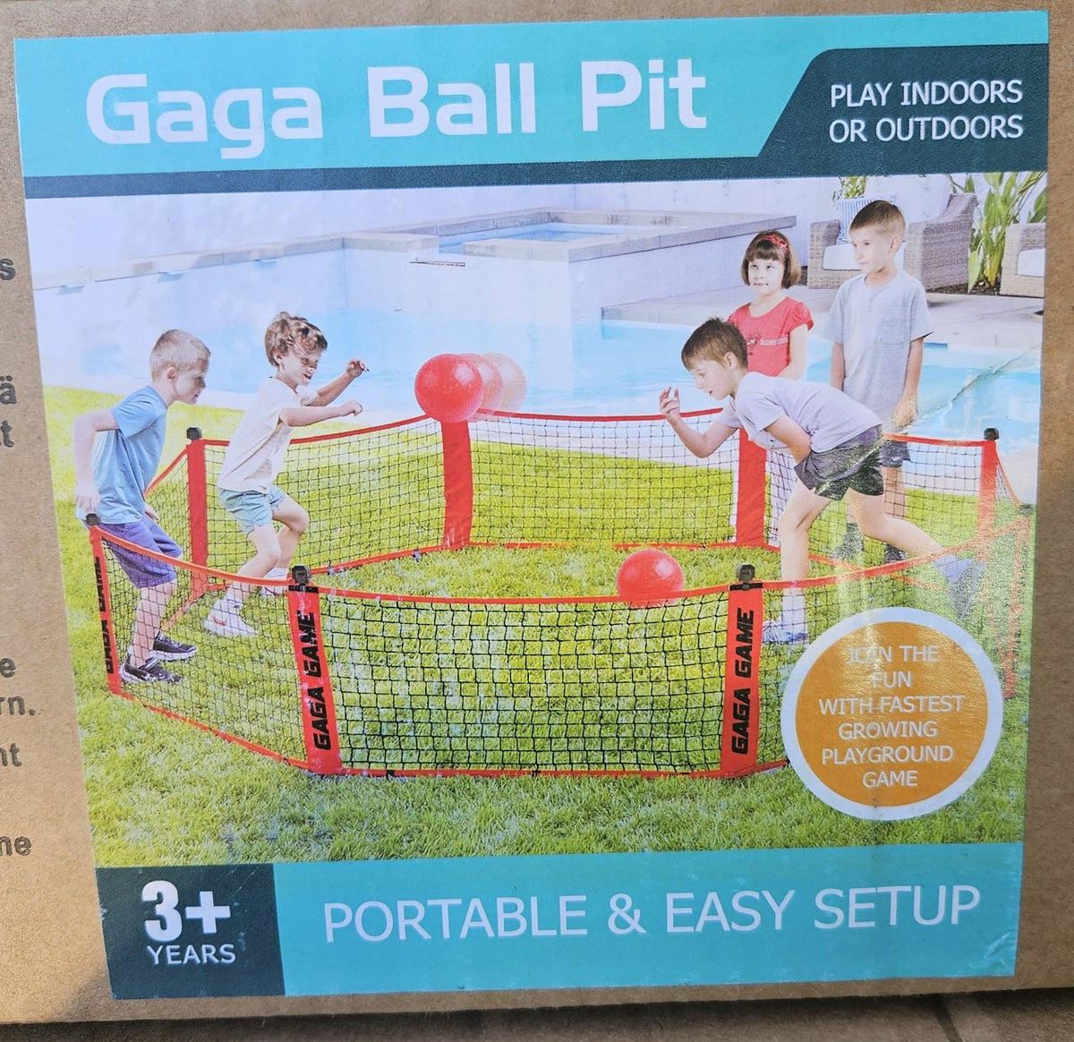 Gaga Ball Pit carton front showing the octagonal court set up on grass