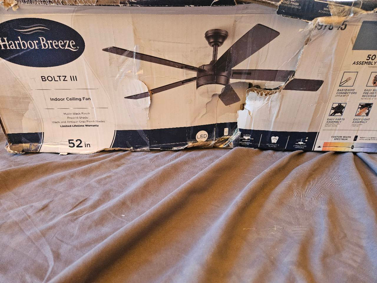 Harbor Breeze Boltz III fan box with visible tears and crushing